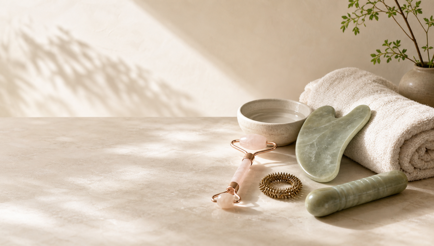 Chi Cleanse gua sha and acupressure tools arranged for a calming wellness ritual