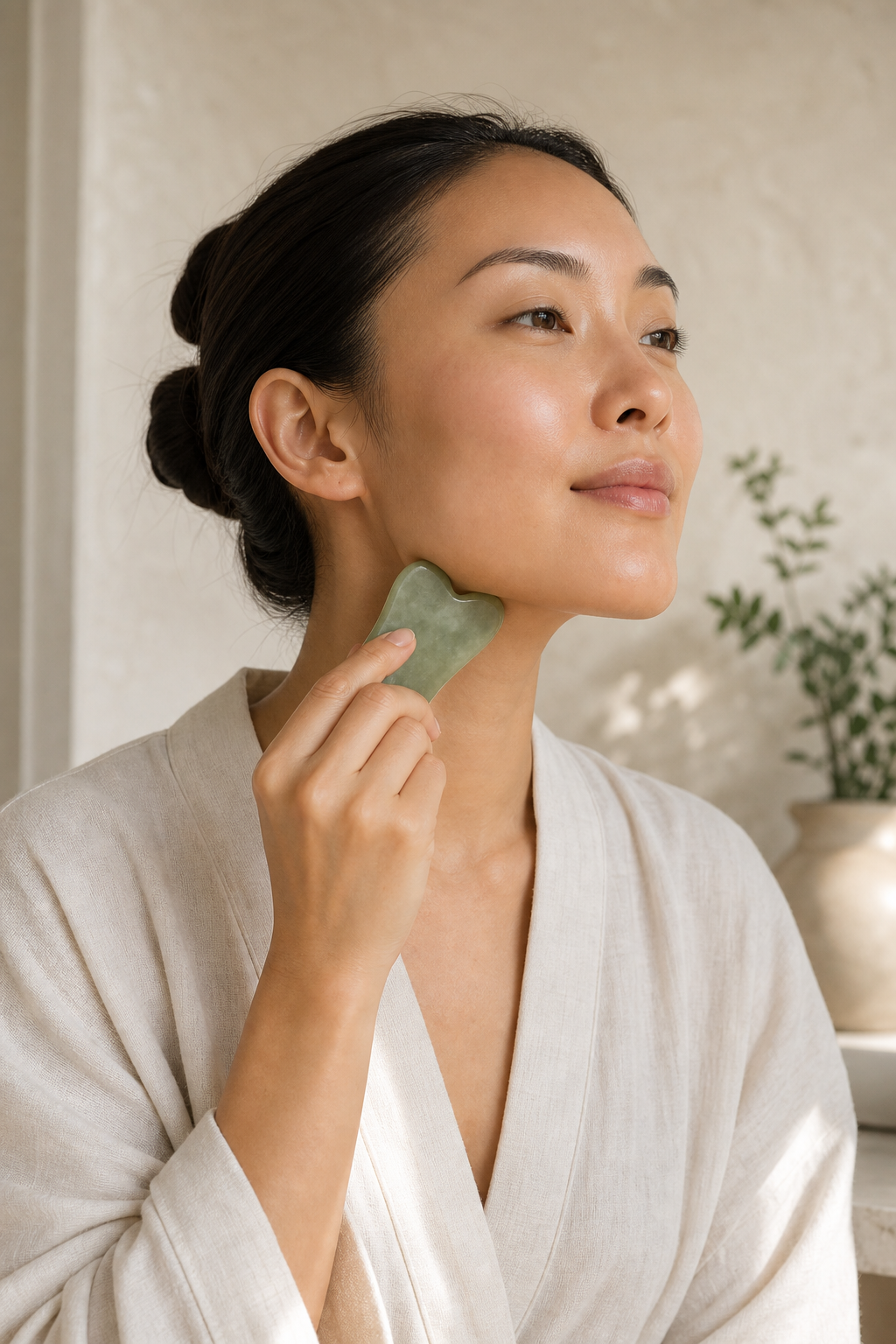 Model using a jade gua sha tool as part of a calm Chi Cleanse ritual