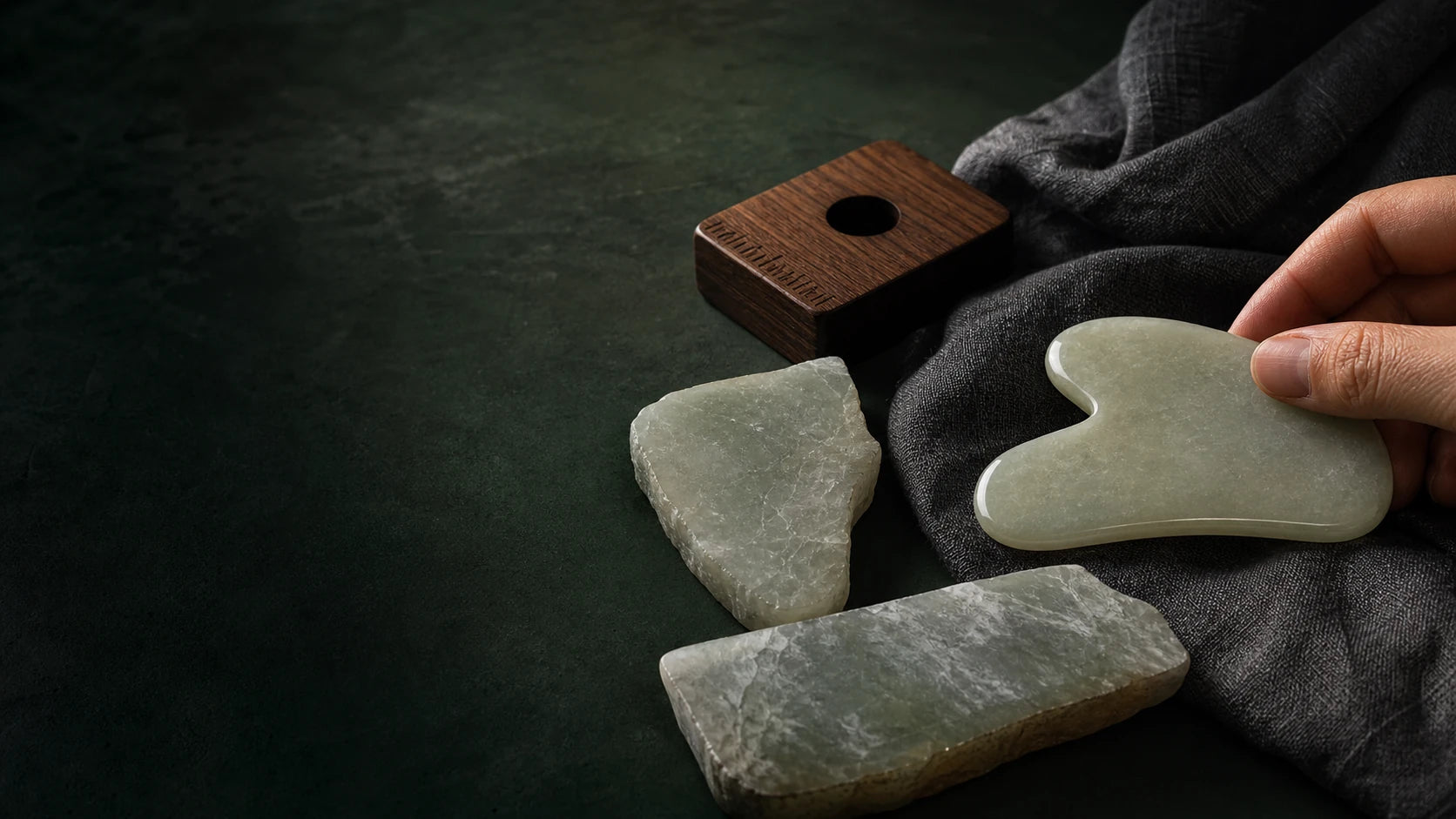 Finished jade gua sha tool being inspected beside natural stone blanks