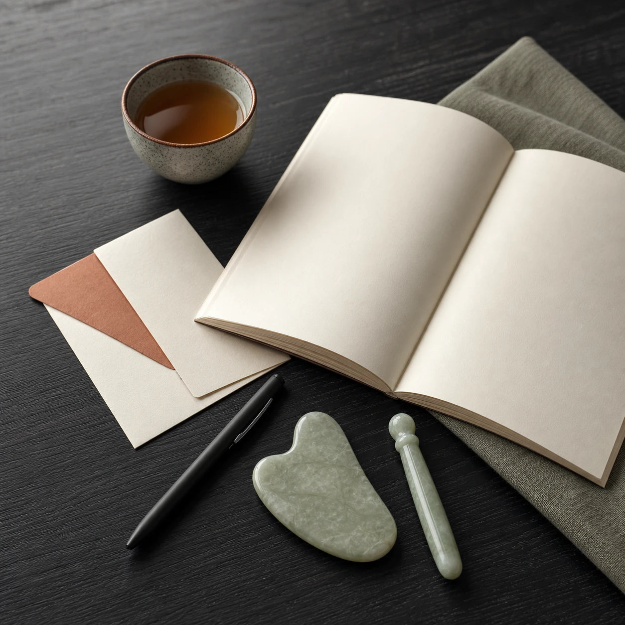 Jade wellness tools beside a blank notebook and customer care stationery
