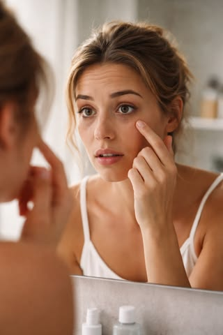 Woman examining morning facial puffiness